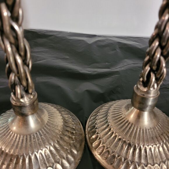 Pair Of Braidef Twisted Silver Color Candlestick Holders 14.5" Tall - Picture 9 of 9